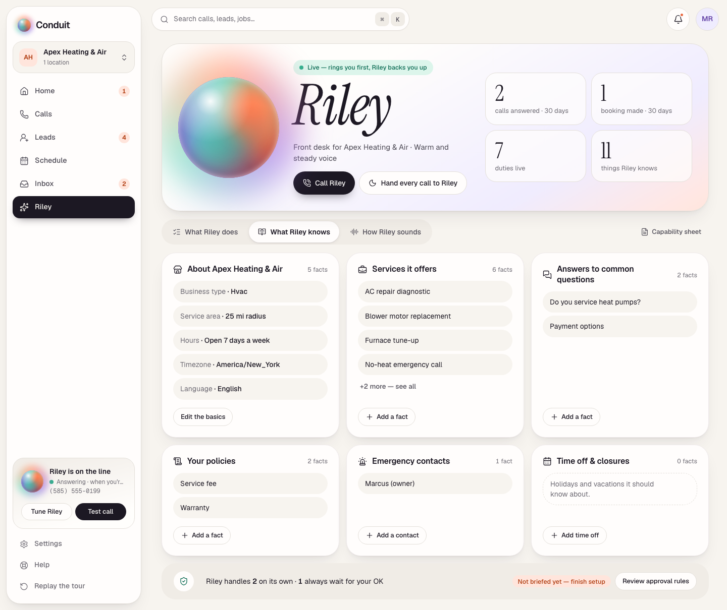 Your assistant's page on the What it knows tab — cards for the basics, services, common questions, policies, emergency contacts, and time off