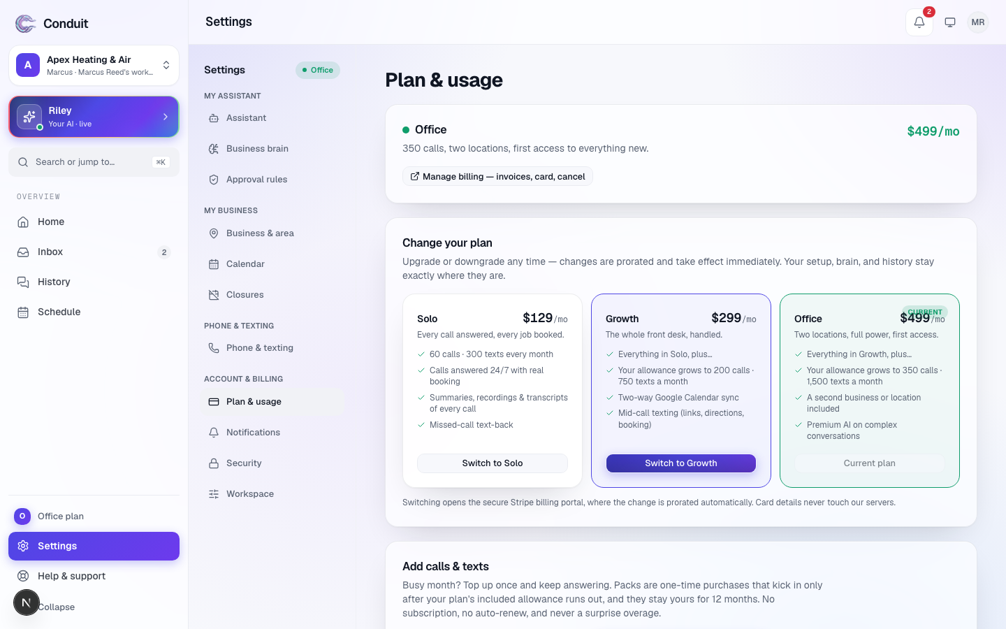 The Plan & usage screen showing the current plan, the plan comparison cards, and the add-a-pack section