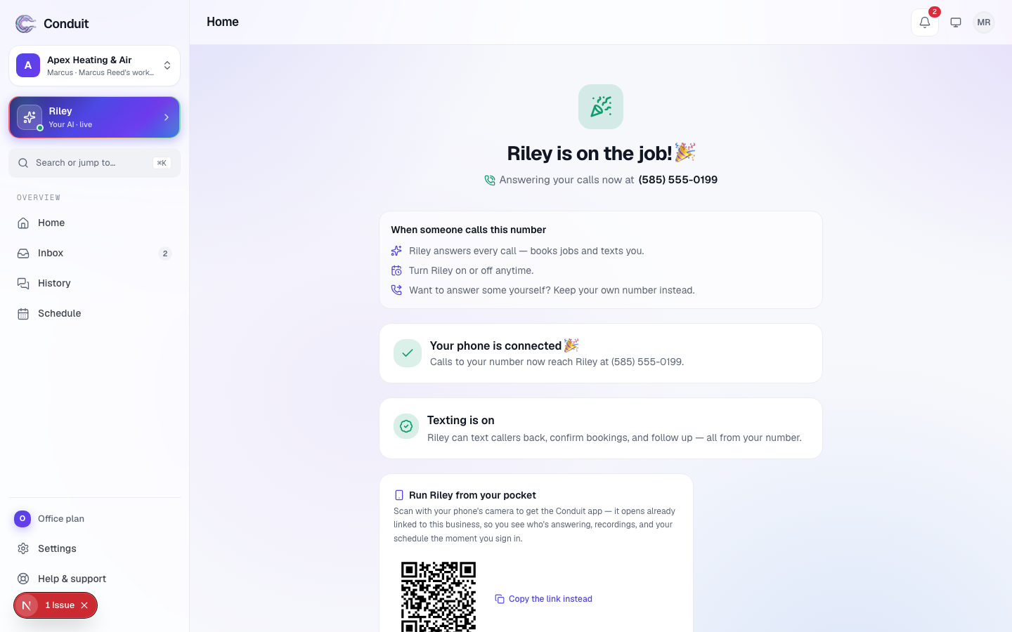 The go-live screen confirming your assistant is now answering your calls at your number