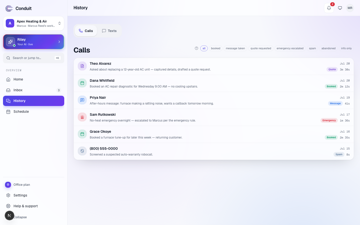 The History screen: a list of handled calls with outcome tags, and the filter row that narrows the list by outcome