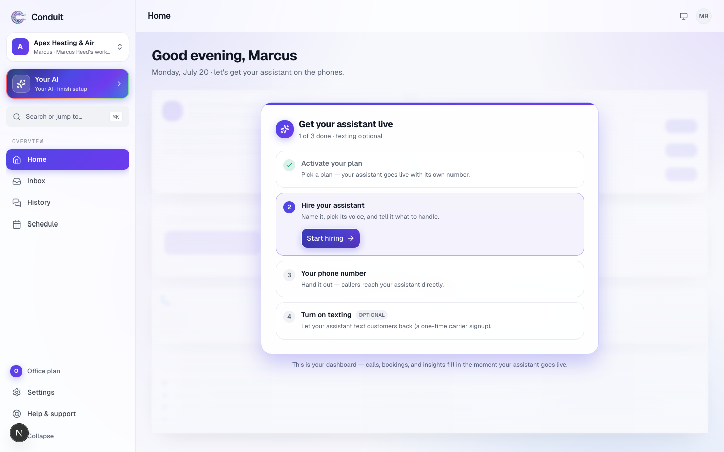 The go-live checklist on Home: activate your plan, hire your assistant, connect your phone