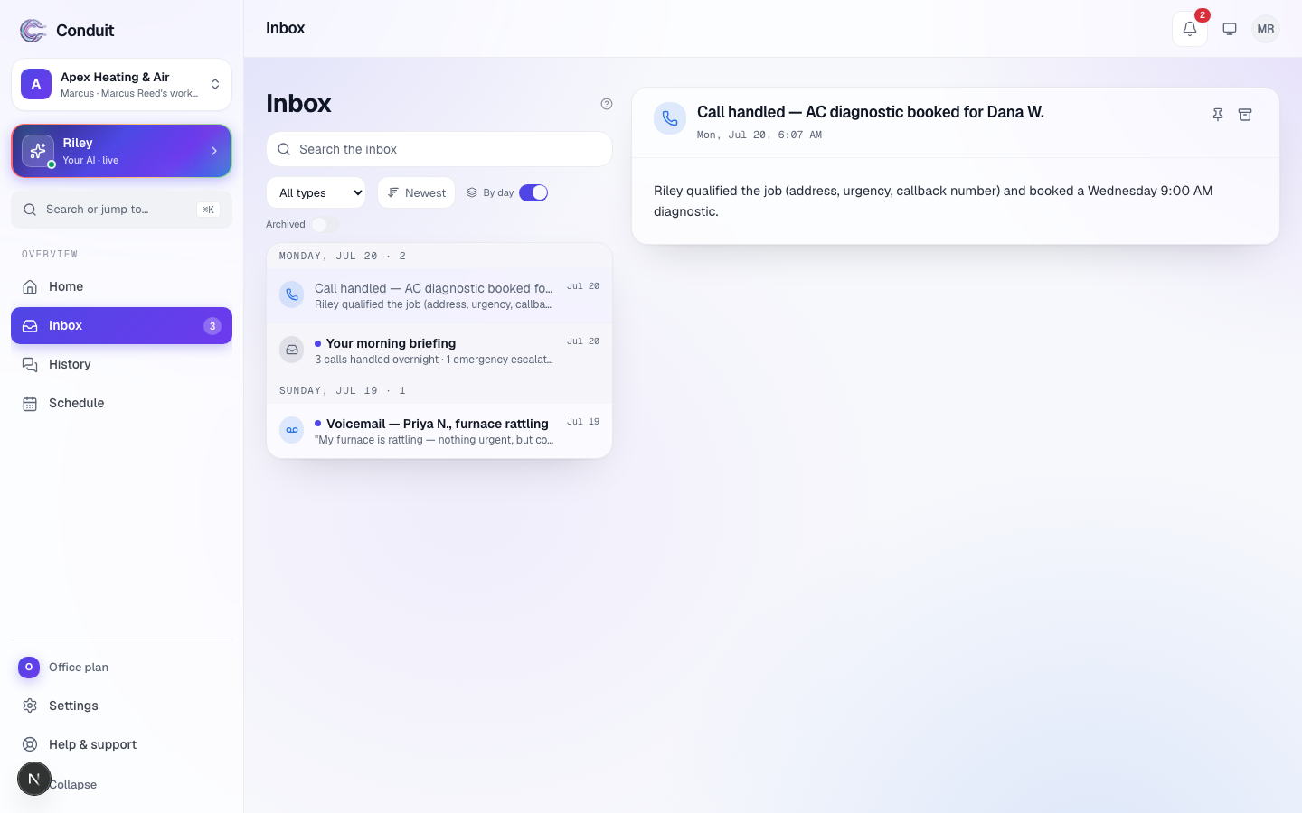 The Inbox with the list of logged items on the left and an opened item's full write-up on the right