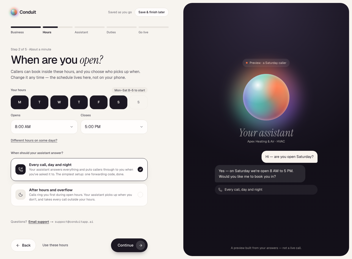The second setup screen, Hours: your weekly hours, and when your assistant answers