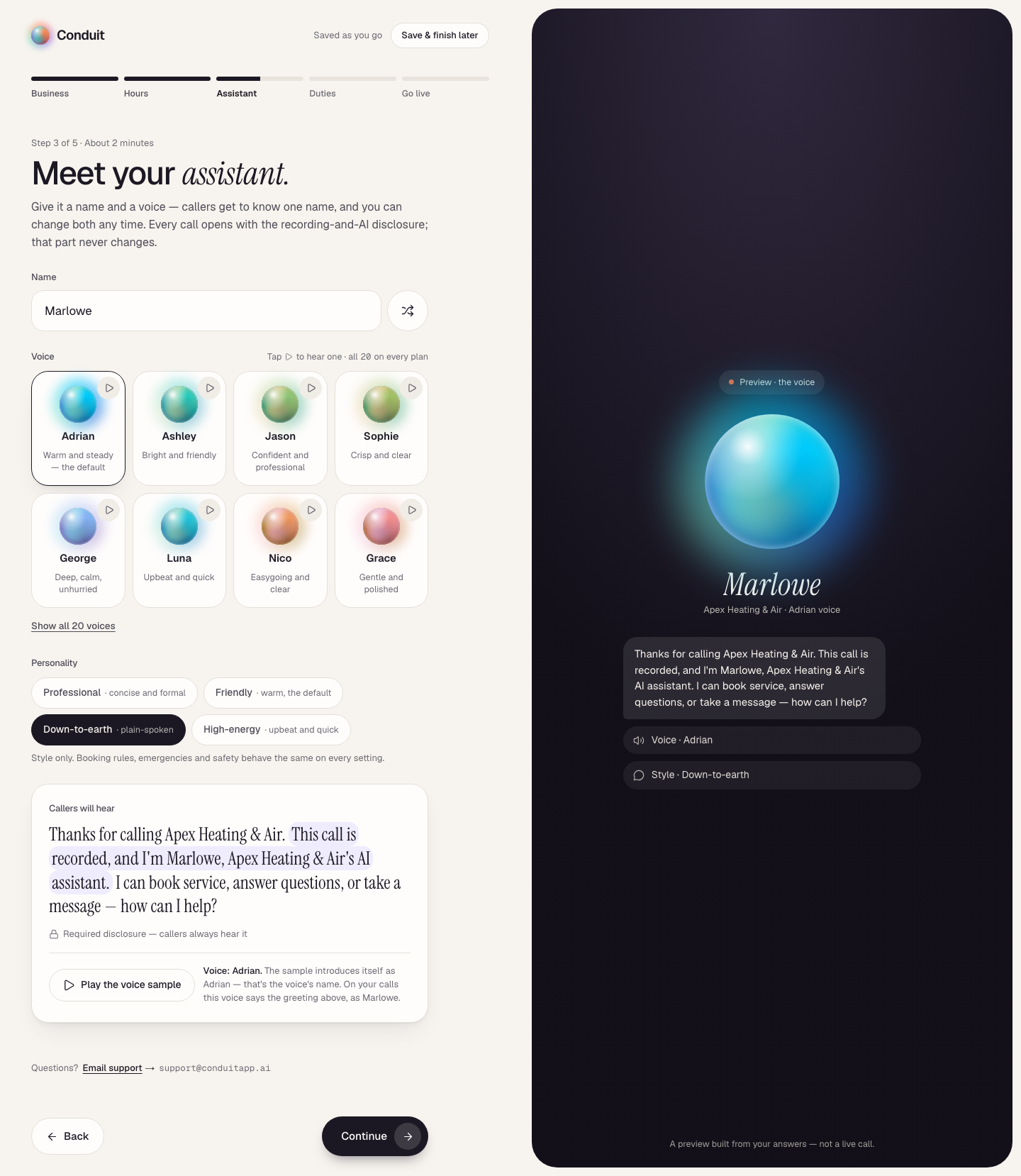 The third setup screen: your assistant's name, the voice catalog, and the greeting preview with the built-in disclosure
