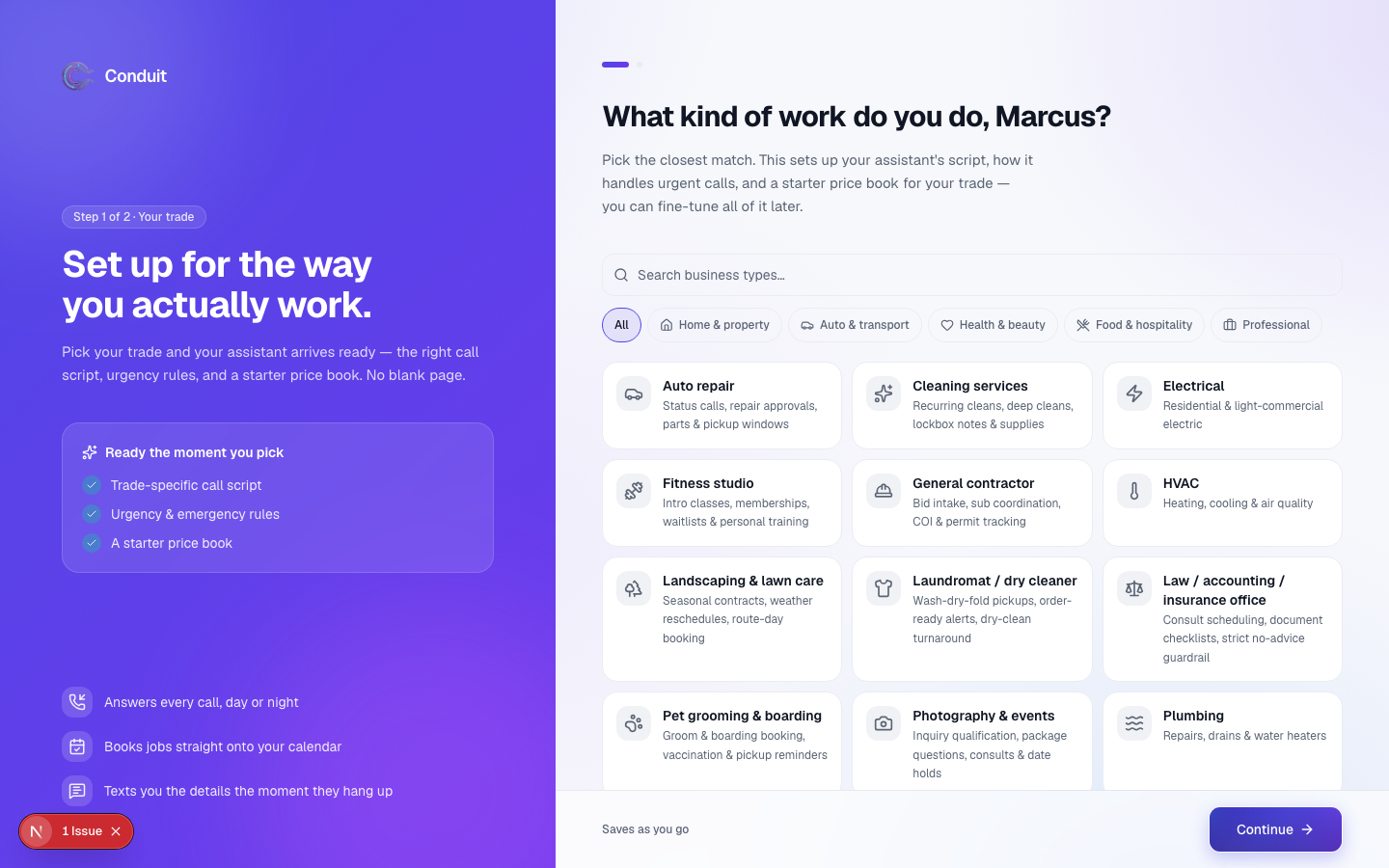 The first onboarding step: pick the trade closest to yours