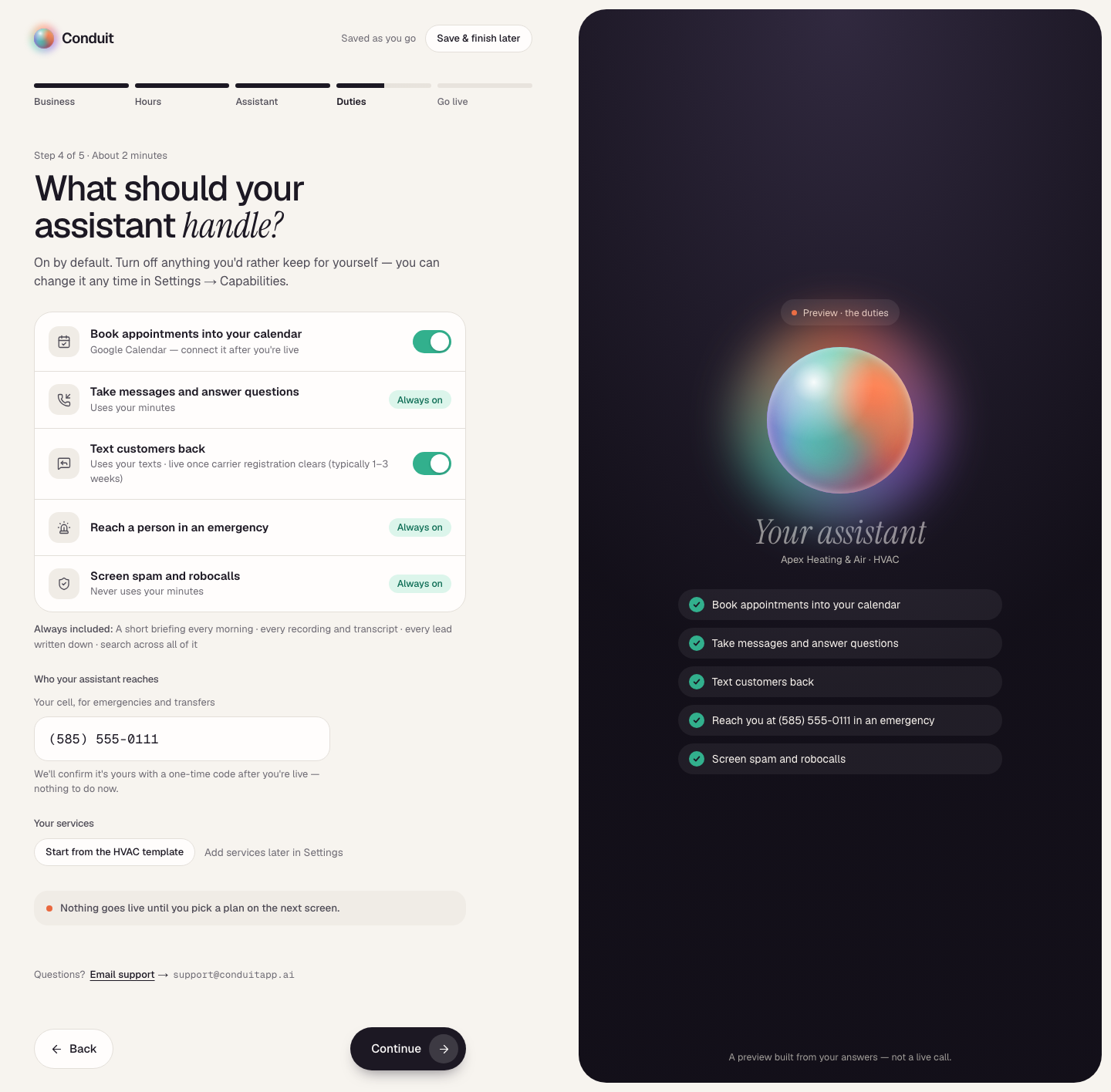 The fourth setup screen, Duties: the duties your assistant handles, your cell for emergencies, and your services