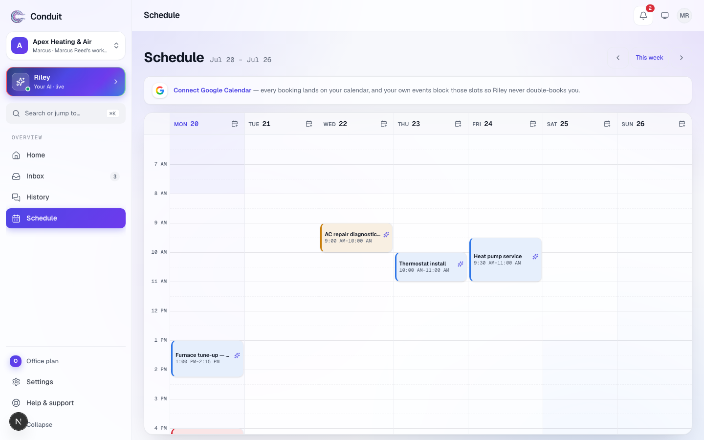 The weekly Schedule board with booked jobs laid out by day and time, and the controls for moving between weeks