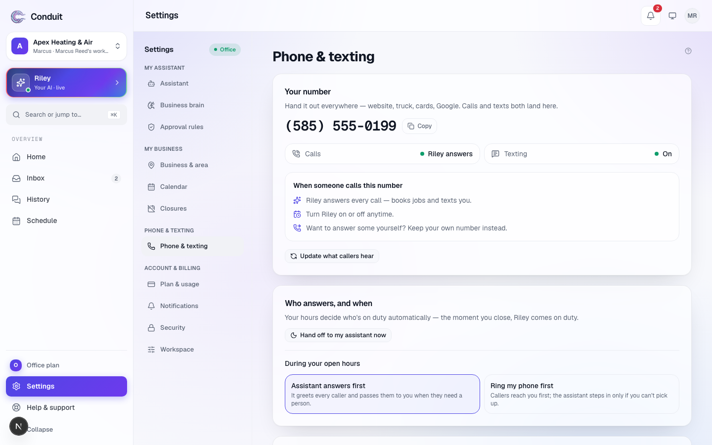 The Phone & texting settings: your Conduit number with copy button, the calls and texting status, and how calls are handled