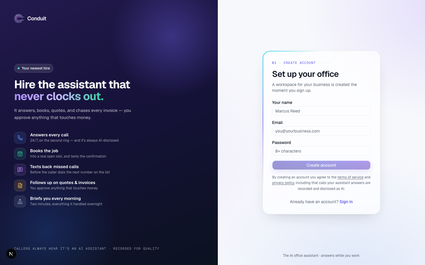 The Conduit signup screen with email and Google options